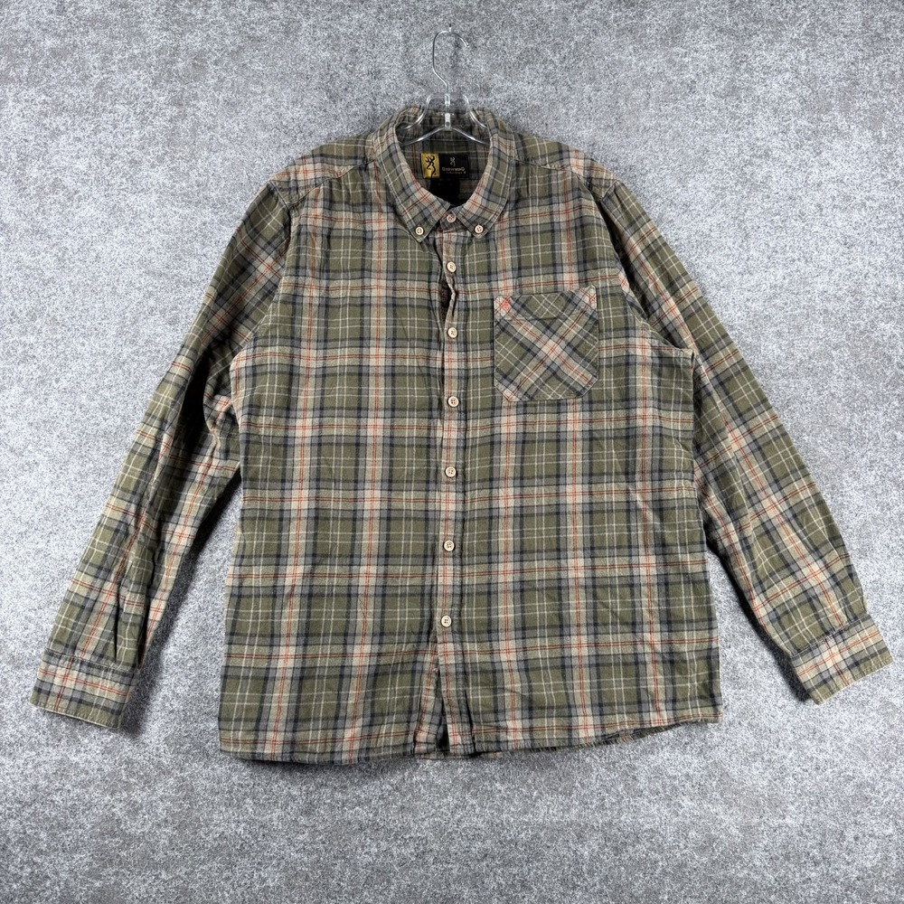 Browning‎ Button Down Shirt Mens XL Green Plaid Flannel Outdoor Classic